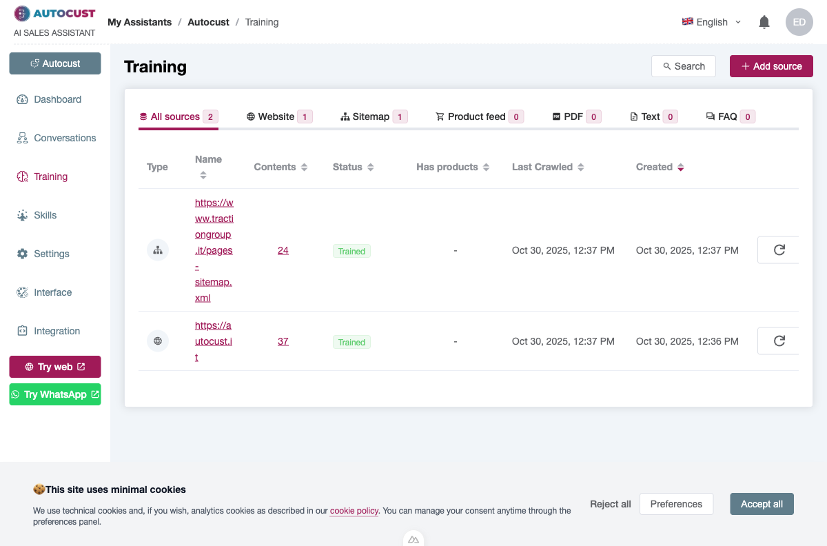 Dashboard con fonti e contenuti indicizzati